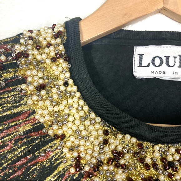 Vintage Loulou 80s Beaded Hand Painted Top Black Gold Crew Neck Short Sleeves - Picture 7 of 14
